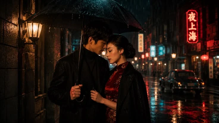Couple sheltering under an umbrella on a rain-lit Shanghai street at night, neon signs behind them