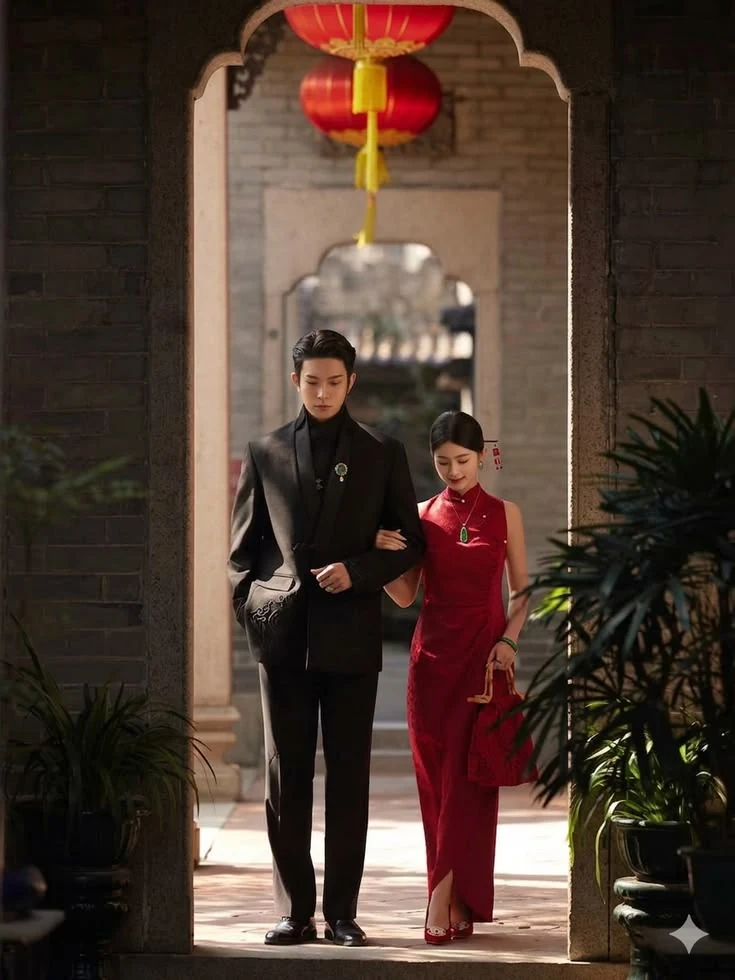 Couple in a red qipao and black suit walking arm in arm beneath red lanterns in a brick courtyard