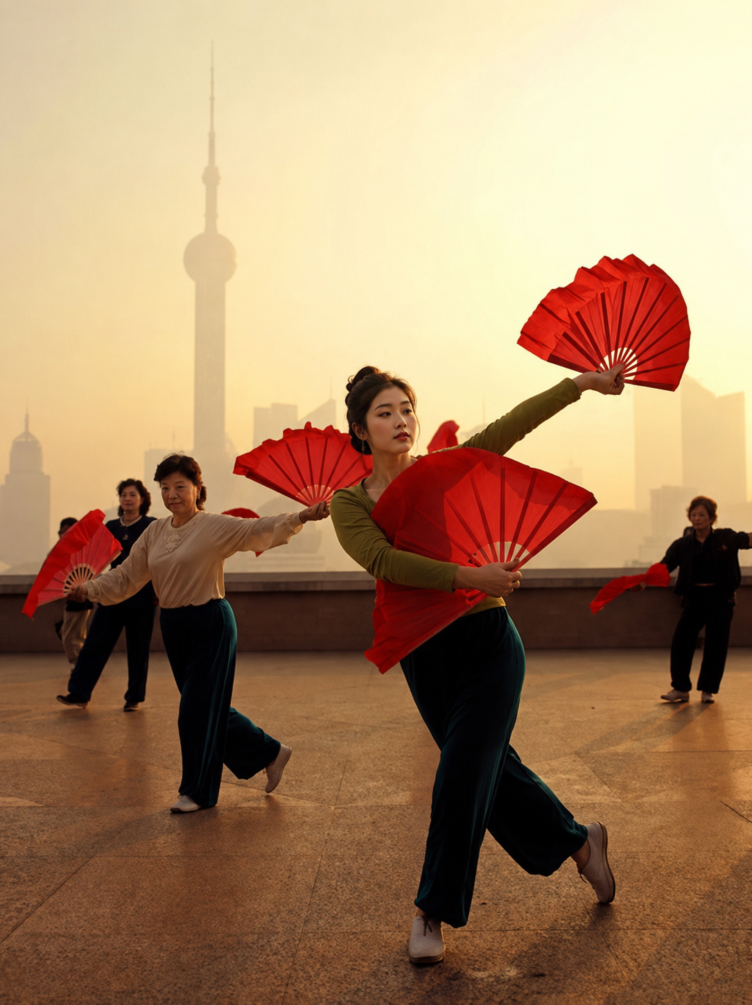 Fan dancers on the Shanghai Bund at sunrise