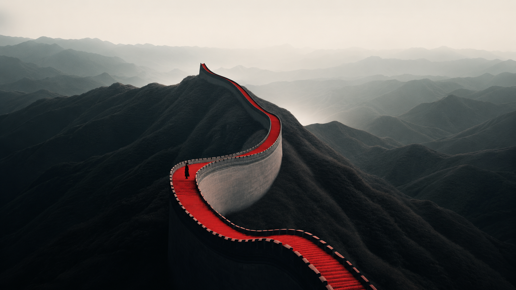 The Great Wall winding through misty mountains