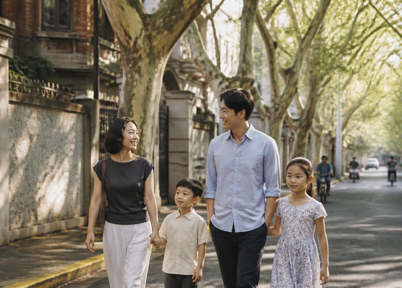 Parents walking with two young children along a tree-lined lane in Shanghai's former French Concession