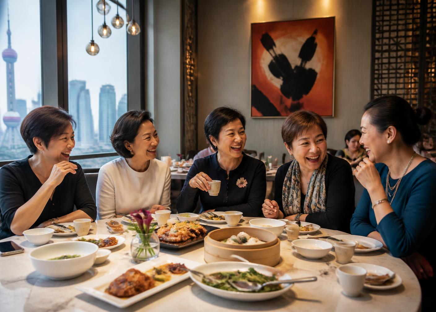 Five women in their fifties sharing dishes and laughing around a table at a contemporary Shanghai restaurant