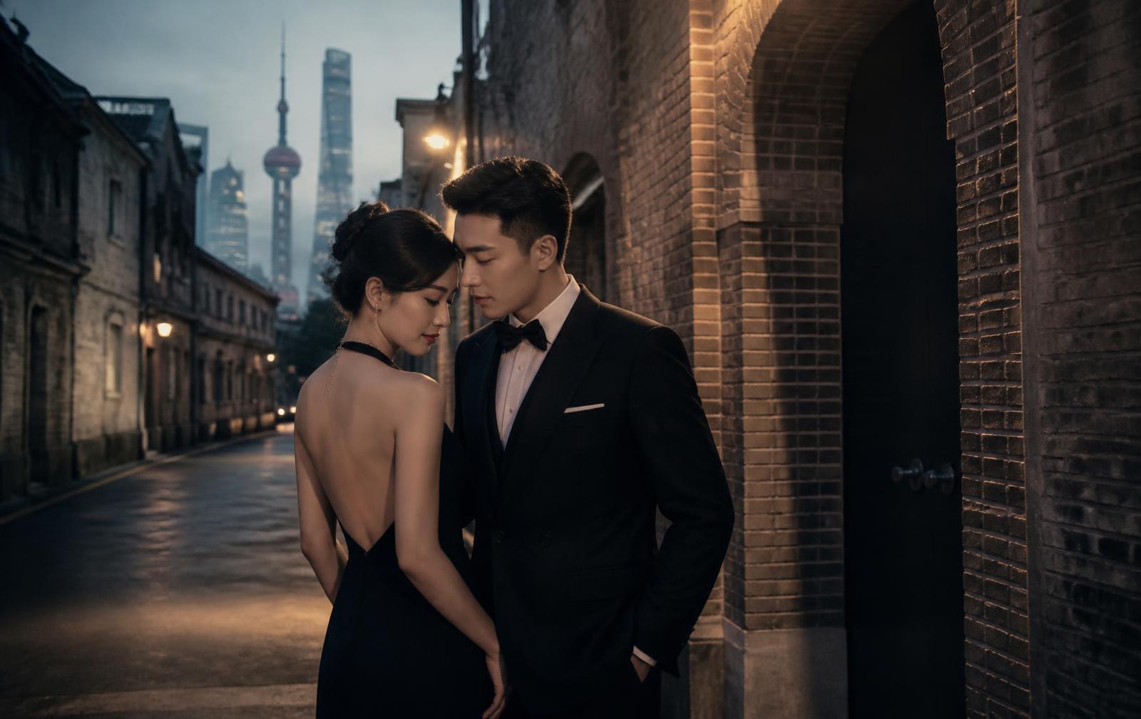 A couple in formal attire photographed on a quiet Shanghai lane at blue hour
